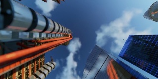 市中心的办公大楼映衬着蓝天，摄像头在旋转