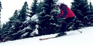 冬季活动。女子快速滑雪在一个新雪上