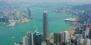 晴天香港市区风景维多利亚港市区交通空中全景4k