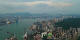 日落黄昏香港市景湾仔区维多利亚港码头航拍全景4k