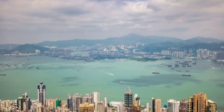 香港城市天光著名的交通海港维多利亚港山顶全景4k时间推移