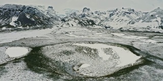 鸟瞰图火山口与冰川在山上的背景在冬天