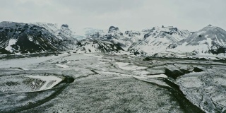鸟瞰图冰岛景观与冰川在山脉的背景在冬天