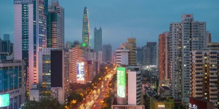 白天到晚上日落照亮深圳著名的交通十字路口屋顶全景4k时间的中国