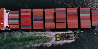 4k集装箱货轮及运输，商业国际贸易和集装箱物流进出口港到国际港口/货轮通过港-无人机俯视图