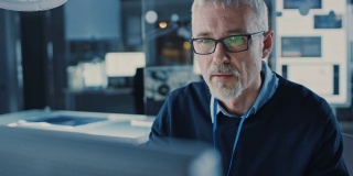 英俊的中年工程师戴着眼镜在个人电脑上工作的肖像。背景中的高科技工程设施