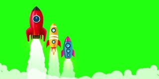 3 .不同风格的火箭发射，船与烟雾在绿色屏幕上的视频运动。宇宙飞船起飞进入太空的概念。火箭带烟的动画。