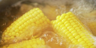 鲜亮多汁的黄色玉米的质地，在炉子上的沸水中煮沸。美味的年轻甜玉米。富含维生素的夏季健康蔬菜。宏