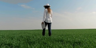 现代农妇，一个年轻开朗的企业家在麦田里行走的慢镜头，使用数字平板电脑。春天，农业职业，小型企业，投资，创新，女性领导者工作，使用技术，户外。