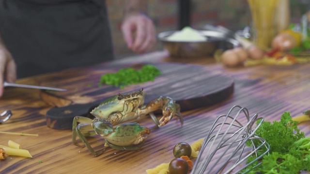 在海鲜餐厅做饭的时候，海蟹爬在桌子上。厨师带着海蟹在海鲜餐厅做菜。法国菜的新鲜原料。奢侈的美味佳肴