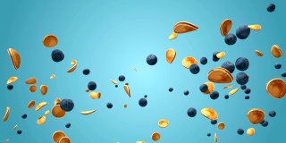 新鲜的蓝莓和煎饼在蓝色梯度的慢动作中飞翔