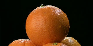 新鲜的橙子在黑色背景上旋转