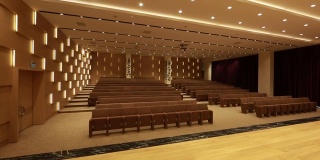 在空无一人的会议大厅里，灯开着/关着，有一排排供观众和观众使用的座位。