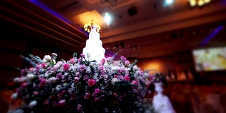 LS多莉右:优雅的婚礼蛋糕装饰鲜花在模糊的背景。