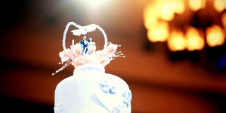 手持相机:优雅的婚礼蛋糕，柔软的金色背景上有新娘和新郎雕像。