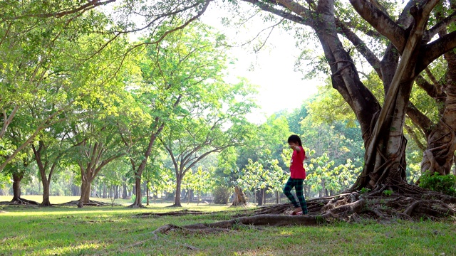 一个年轻女孩在公园的树下散步