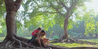 在一个阳光明媚的夏天，父亲和孩子们坐在树下使用电脑