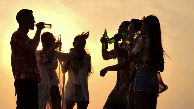 一群朋友在海滩上玩和喝酒的剪影。缓慢的运动。假期的概念。