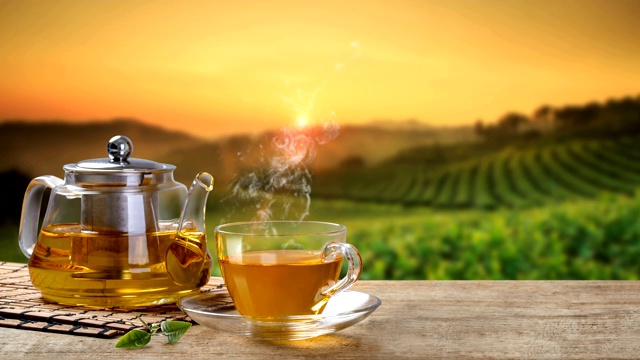 茶园背景为木桌上的茶杯、玻璃罐或茶叶袋罐