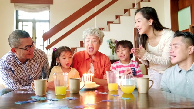 中国多代同堂的家庭在室内庆祝生日