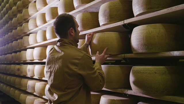 意大利，帕尔马——2018年5月2日——一名奶酪制作者控制着帕尔马奶酪的调味料，这些奶酪必须经过数月的成熟。加工过程遵循古老的意大利传统。