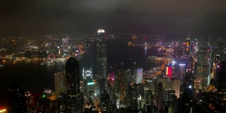 夜光香港市景维多利亚湾空中全景4k