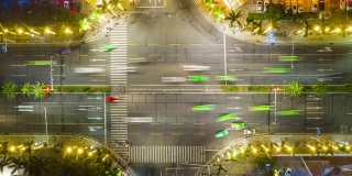 夜晚时间照亮珠海澳门交通十字路口高空俯视图4k时间中国