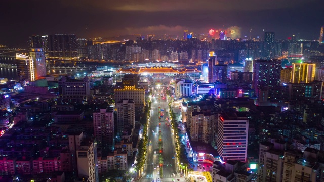 夜间照明珠海城市交通街道，澳门港口航拍全景，4k时间间隔中国