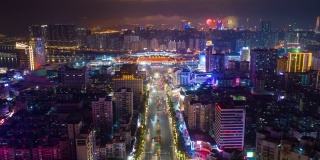 夜间照明珠海城市交通街道，澳门港口航拍全景，4k时间间隔中国