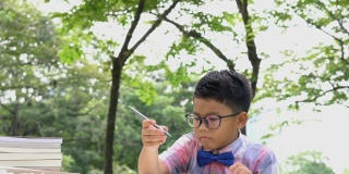 一个亚洲男孩在户外写书。家庭观念、教育观念、小学观念、成长观念、学习观念、发展观念。4 k决议。