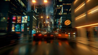 3d假视频游戏。赛车模拟。夜晚的城市。灯雨后。第2部分。视频素材模板下载