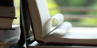 旧书在书桌上打开在书桌上模糊的绿色背景页阅读。研究文献对学习教育的概念