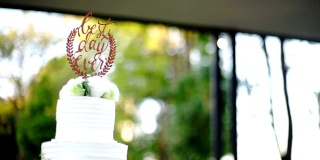 MS Dolly右相机优雅的婚礼蛋糕装饰鲜花在花园里。