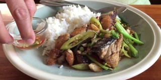 吃白米饭和炒芹菜拌鱼