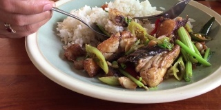 吃白米饭和炒芹菜拌鱼