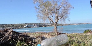 海岸边的塑料瓶以大海和树木为背景，焦点变化。