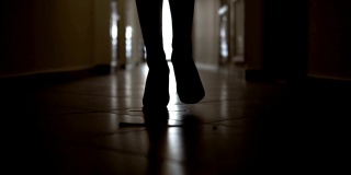多莉与低截面腿剪影商界女性在高山鞋走走廊走廊在慢动作