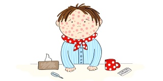 患有水痘、麻疹、风疹或皮疹的病童站在桌子后面，拿着茶、药、体温计和纸巾。原始手绘动画。