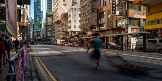 慢镜头:香港市中心上环西市场海鲜干及食补街的行人及交通背景