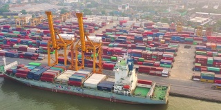 Aerial Drone View of Industrial port with Container port where is a part of shipping
