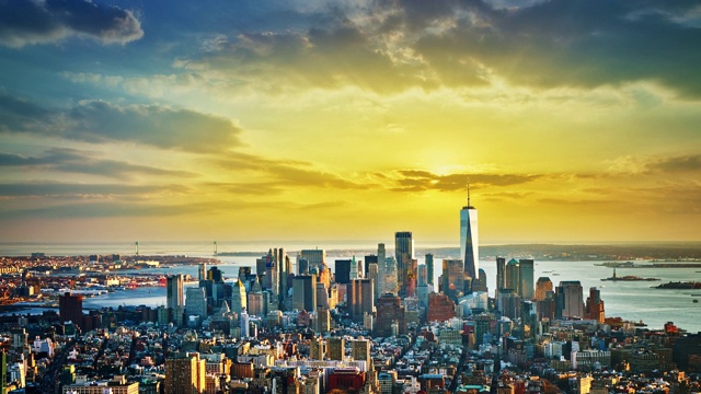 曼哈顿市中心。金融区。商业背景。盛大的日落。