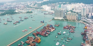 延时:鸟瞰香港九龙与香港港口的背景