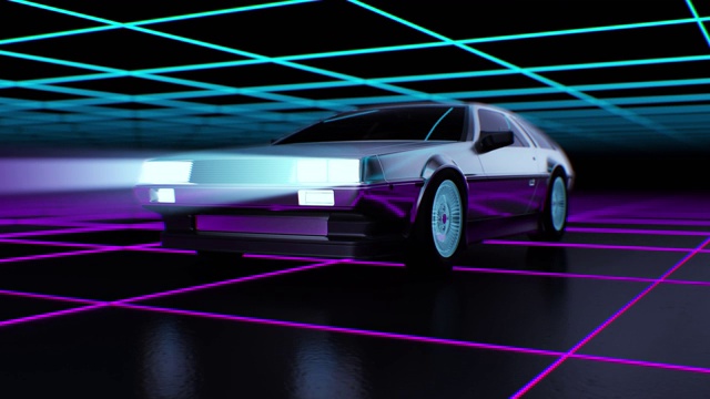 80年代风格复古未来主义背景与移动汽车3d动画。