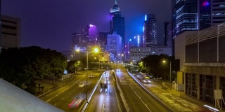 4K延时:香港市区夜间高速公路交通延时。4 k运输。城市和建筑