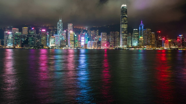 时间流逝，香港城市夜景。从维多利亚港眺望香港摩天大楼