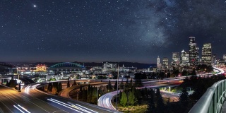 西雅图市区天际线上的银河夜空
