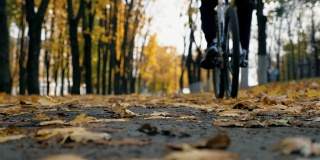 一个面目全非的年轻人骑着自行车穿过城市公园里五颜六色的树木。运动的家伙在秋天的一天户外骑自行车。枯黄的叶子躺在公园巷子里。主动休息的概念。慢镜头后视图