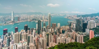 时间流逝，香港城市的天际线与蓝天和白云。从山顶俯瞰香港摩天大楼