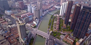 中国上海市区黄浦江的鸟瞰图。亚洲智慧城市的金融区和商业中心。日落时摩天大楼和高层办公大楼的顶视图。