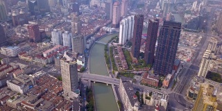 中国上海市区黄浦江的鸟瞰图。亚洲智慧城市的金融区和商业中心。日落时摩天大楼和高层办公大楼的顶视图。